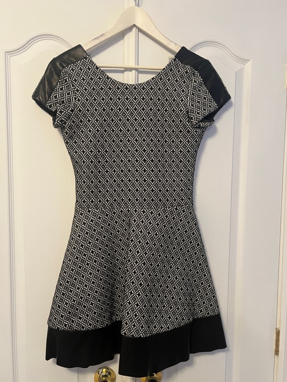 Parker Black & White Patterned Fit-and-Flare Dress with Faux Leather Shoulders
